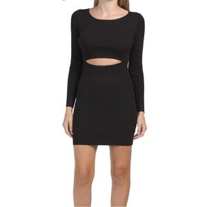 House of Harlow 1960 Ribbed Cut-Out Long Sleeve Mini Dress Black XS